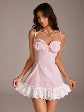TRNVIE 1pc Women Half Slip Floral Lace Accent Bra-Sized Pink Tie Strap Elegant Dress